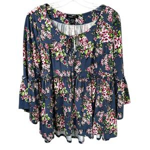 Robert Louis Medium Top Blue Floral Bell Sleeve Peasant Boho Feminine Ditsy 1213